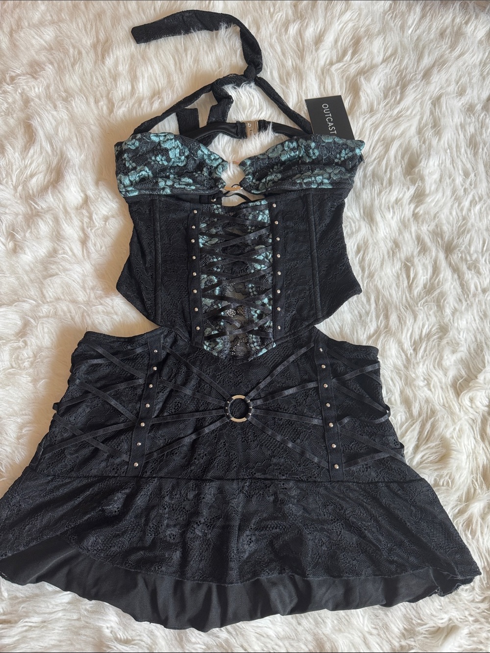 Outcast Black Lace Mini Dress with Teal Floral Bust